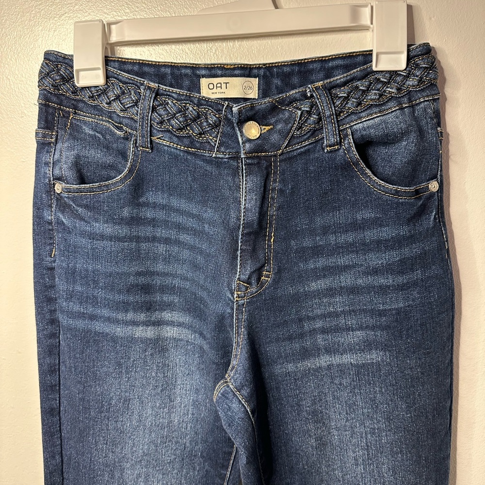 Oat New York High Rise Blue Jeans with braided detail